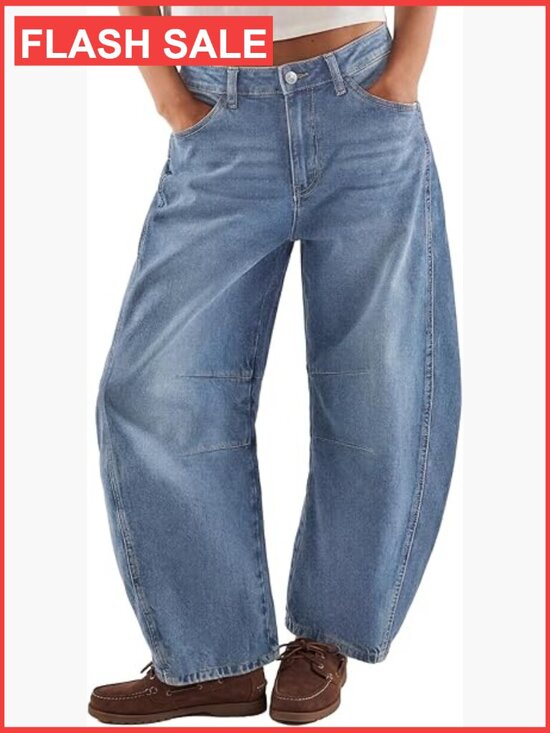 Denim - High Rise Wide Leg Barrel Jeans with Curved Hem, Slant Pockets, Stretch Denim